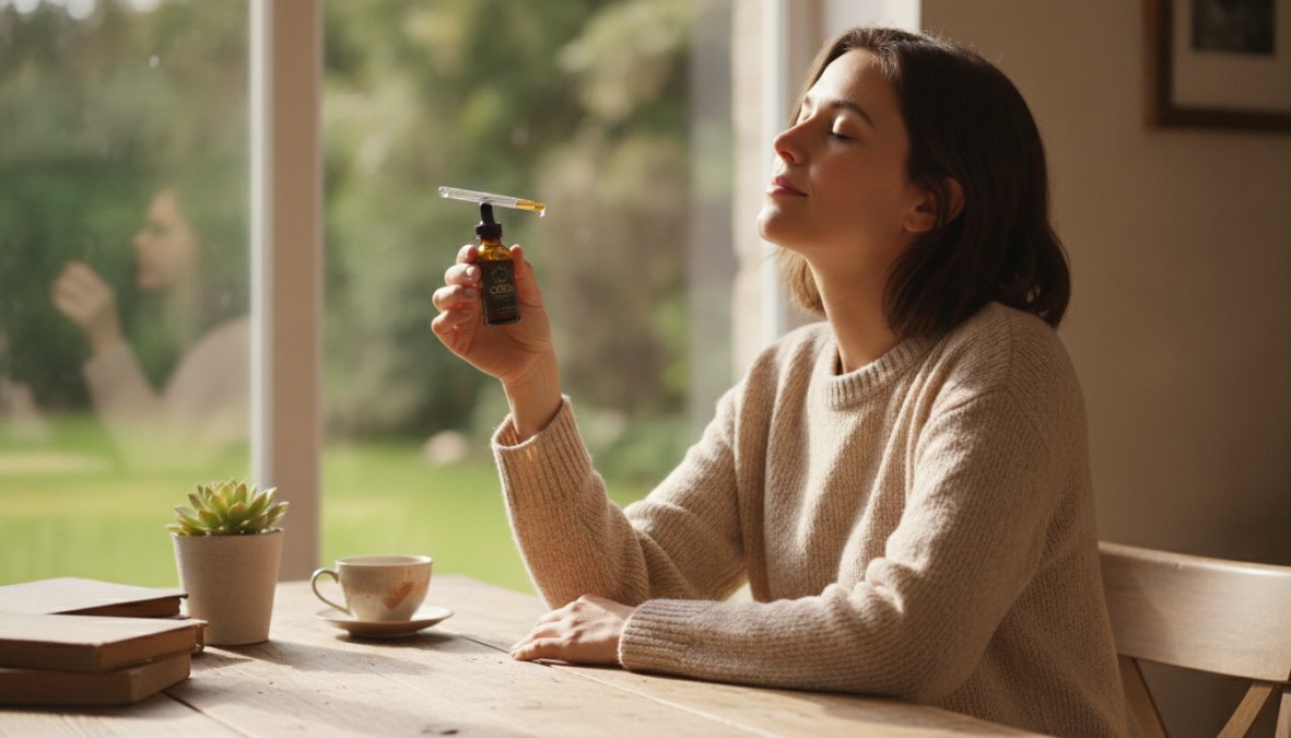 A calm person sitting at a wooden desk by a sunlit window, holding a small dropper bottle of CBD oil with eyes closed in a relaxed expression, warm afternoon light casting soft shadows across the wooden surface