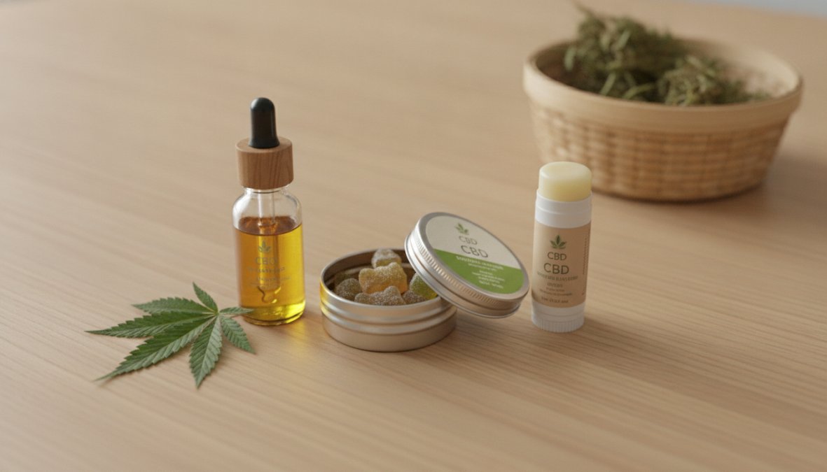 A flat-lay arrangement of various CBD products including a tincture bottle, gummies in a small ceramic dish, and soft gel capsules arranged on a clean white marble surface with a fresh green hemp leaf placed nearby, photographed under bright natural light