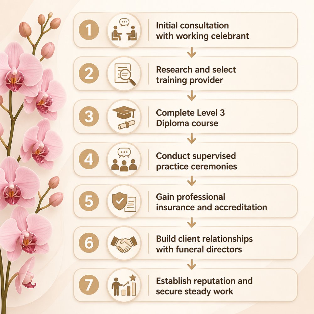Flowchart showing pathway: Initial consultation with working celebrant → Research and select training provider → Complete Level 3 Diploma course → Conduct supervised practice ceremonies → Gain professional insurance and accreditation → Build client relationships with funeral directors → Establish reputation and secure steady work