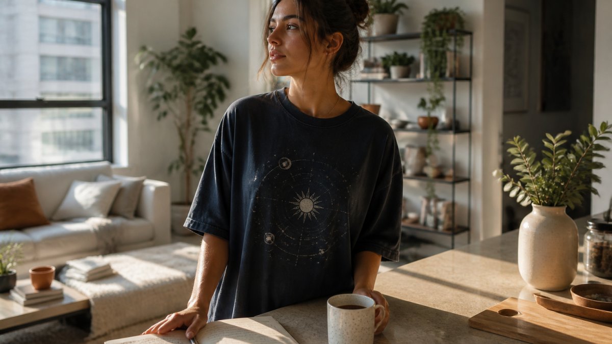 A young woman in a relaxed oversized graphic tee standing in a sunlit apartment, one hand resting on a journal and coffee mug on the counter, morning light across the room