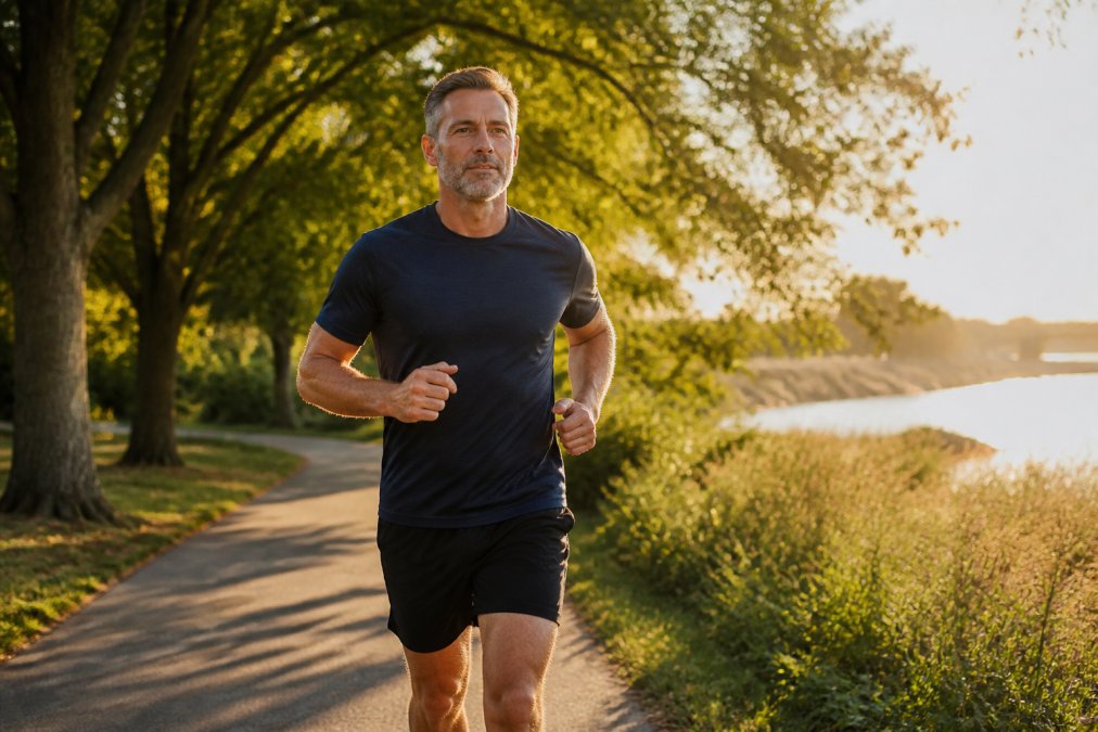 A man in his early 50s jogging along a tree-lined path at sunrise, looking energetic and focused, with warm golden light filtering through the leaves