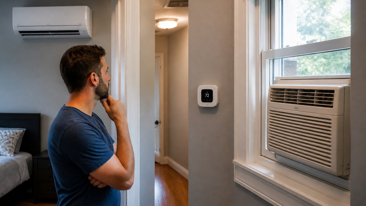 A homeowner standing in a hallway comparing a wall-mounted mini-split unit to a window air conditioner, with a thermostat visible on the wall nearby