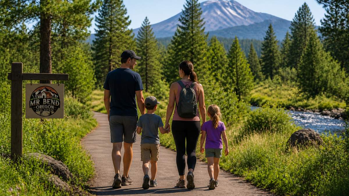 A family with young children walking a paved trail through a green park in Bend, Oregon, with pine trees and mountain views in the background, sunny afternoon light