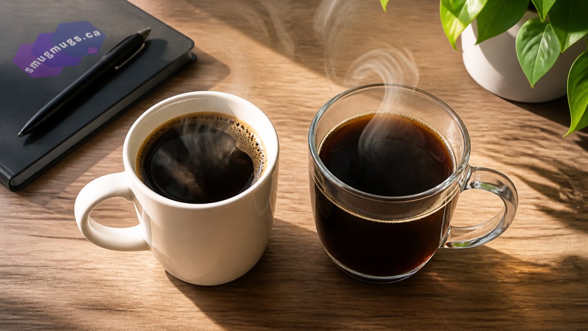 Overhead flat-lay of a ceramic mug and a clear glass mug side by side on a wooden desk, both filled with coffee, steam rising, a notebook and pen nearby in soft morning light