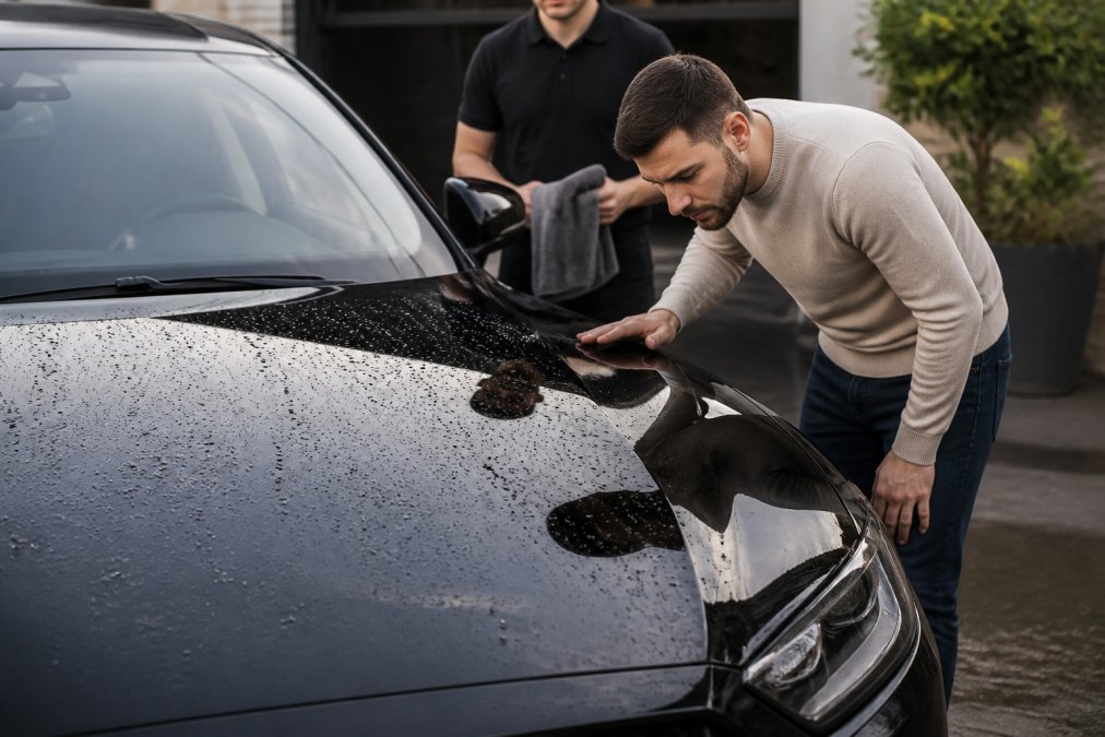 A car owner inspecting the glossy, water-beading finish on a dark vehicle hood after a ceramic coating application, with a professional detailer nearby holding a microfiber towel