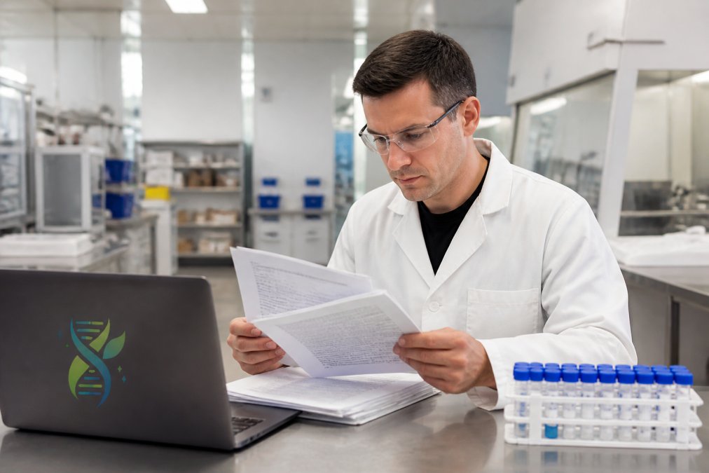 A scientist in a white laboratory coat reviewing printed regulatory guidance documents at a stainless steel bench, laptop open beside a rack of labeled sample vials, soft overhead lab lighting, focused expression