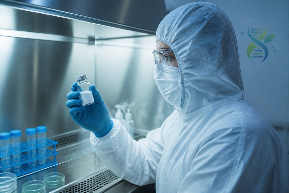 A scientist in a full cleanroom suit inspecting a glass vial of white peptide powder under a laminar flow hood, stainless steel surfaces and blue-tinted lighting