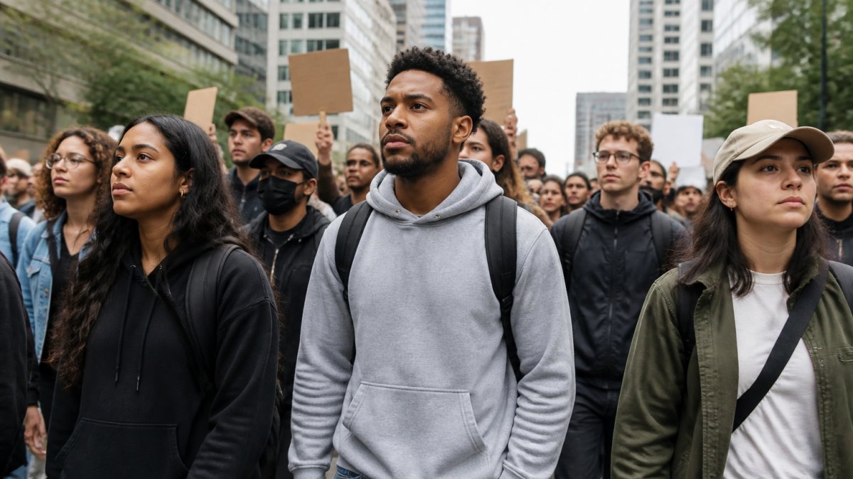 Diverse group of protesters wearing durable hoodies and graphic tees at a peaceful outdoor demonstration, showing real-world comfort and visibility during extended hours of standing and marching