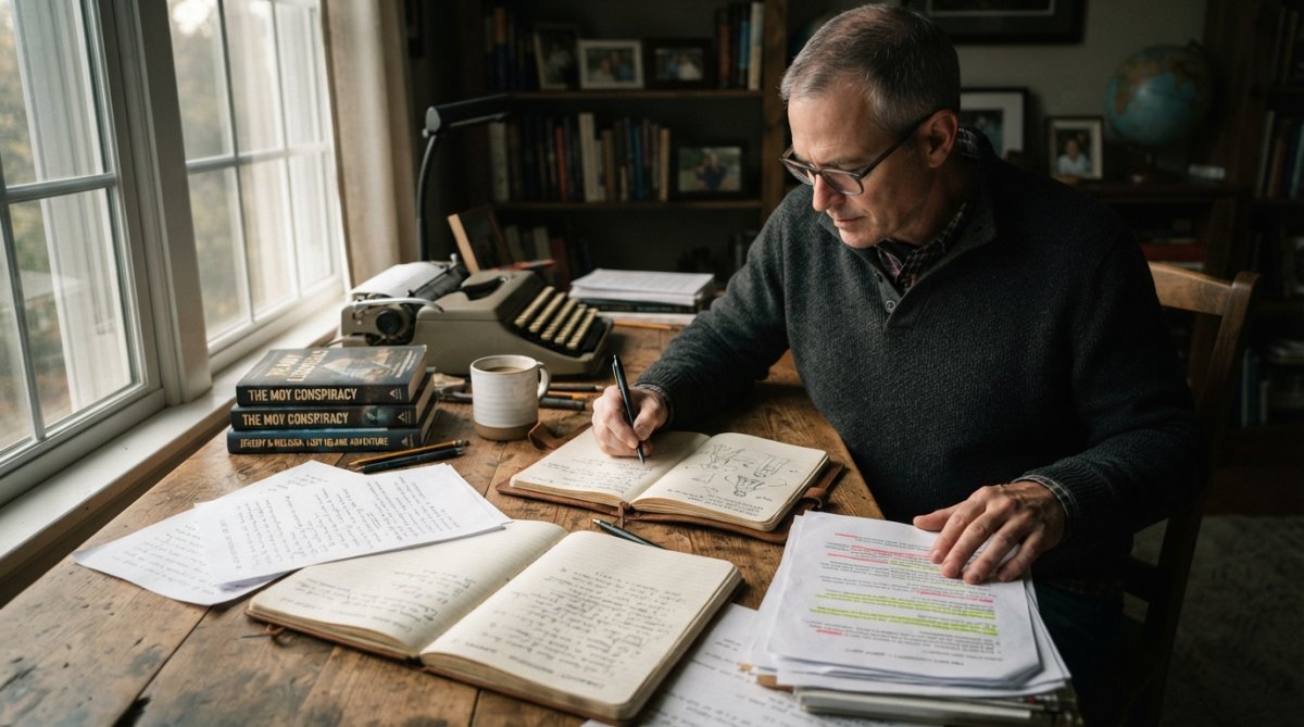 Writer at wooden desk surrounded by character sketch notebooks, handwritten notes, and manuscript pages with dramatic side lighting through window