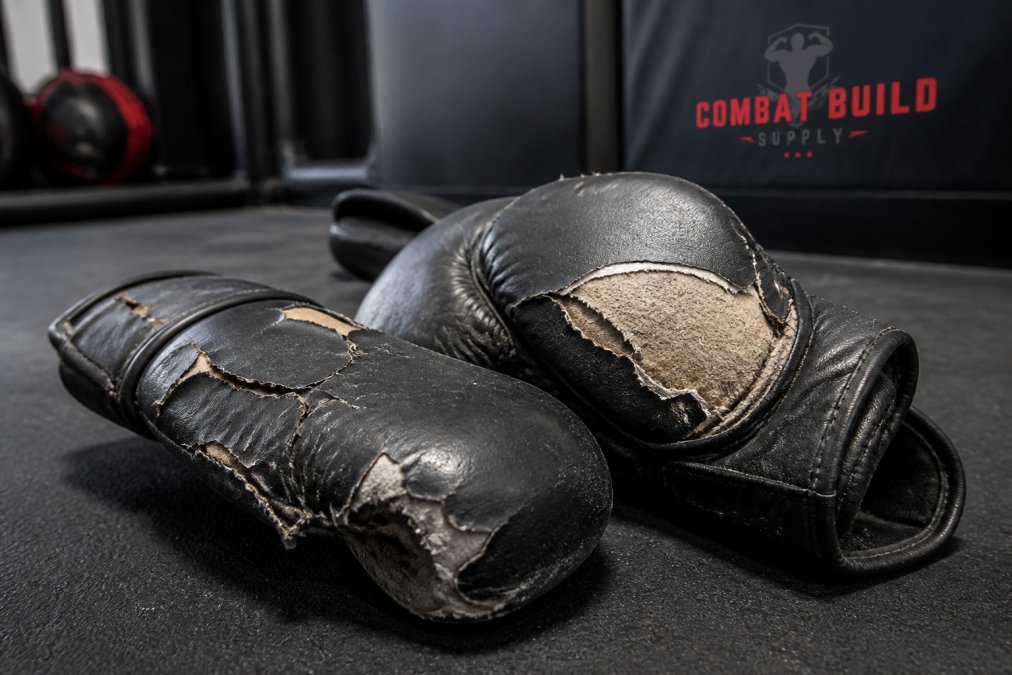 Close-up of worn boxing gloves showing deteriorated padding and torn synthetic leather after heavy use, displayed on a training mat