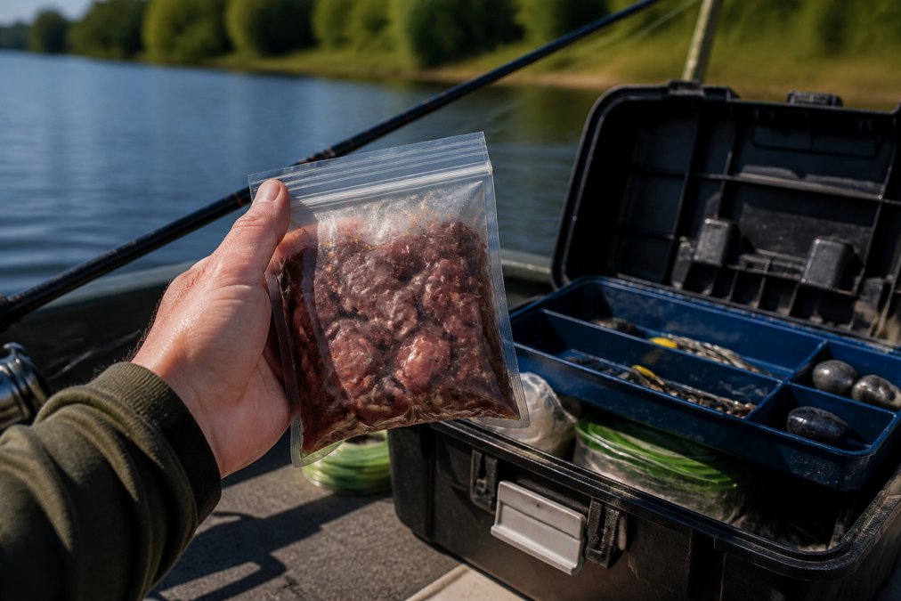 Angler holding a resealable bag of preserved cut bait next to a tackle box in bright sunlight, showing shelf-stable bait ready for a fishing trip without any cooler