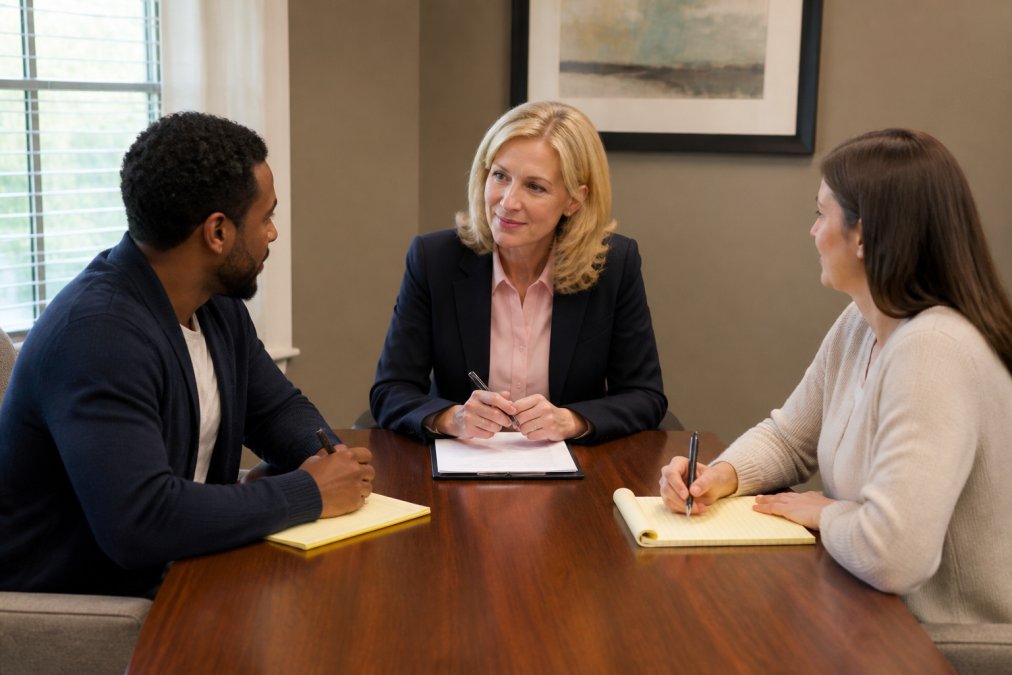 A neutral mediator seated at a table with two parents, each with a notepad, in a quiet, professional meeting room with soft natural light
