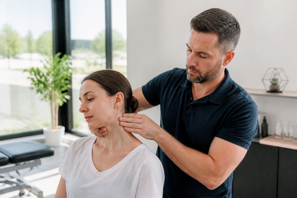 A chiropractor gently palpating a patient's neck to assess joint mobility in a bright, modern clinic room with natural light streaming through large windows