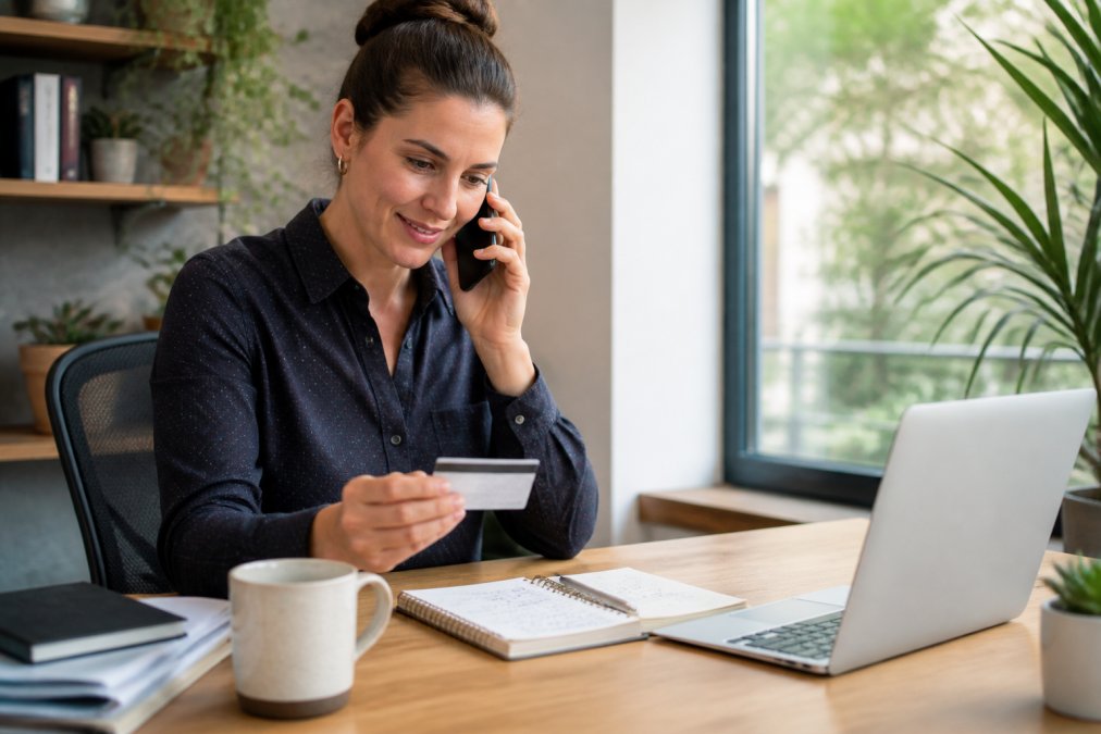 Person sitting at home office desk with insurance card visible, phone in hand, notebook with written questions about chiropractic coverage, natural daylight through window