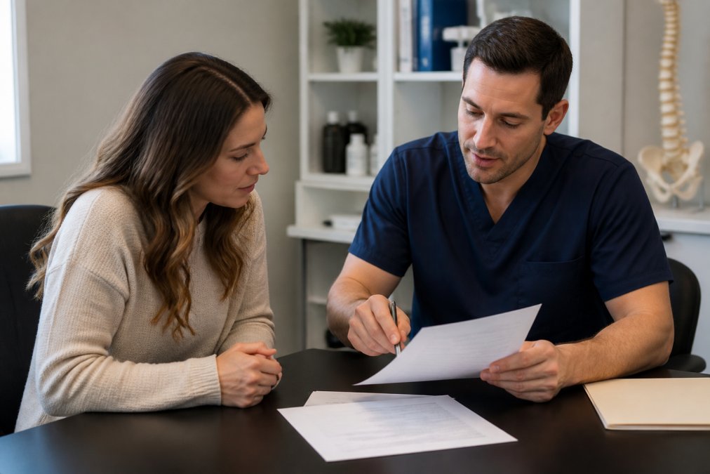 Patient and healthcare provider sitting at clinic desk reviewing insurance documents and treatment plan together, warm office lighting, both focused on paperwork