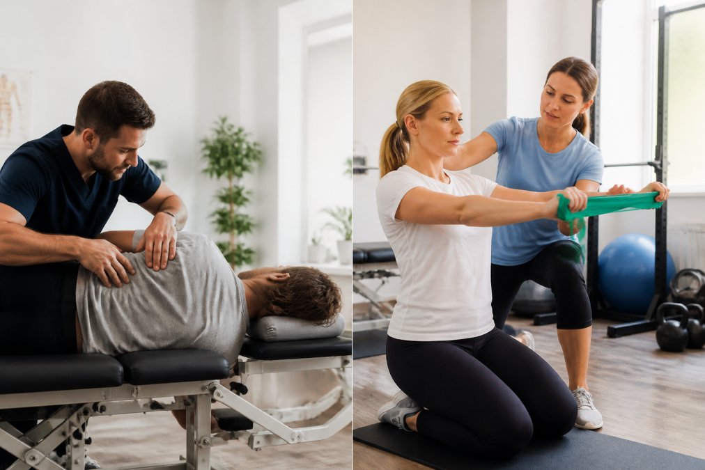 Physical therapist guiding patient through posture correction exercise in bright clinical setting with exercise equipment visible