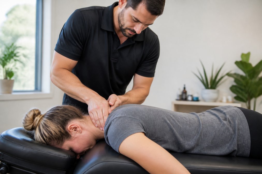 Infographic illustrating the process of chiropractic care for relieving chronic headache pain through neck adjustment