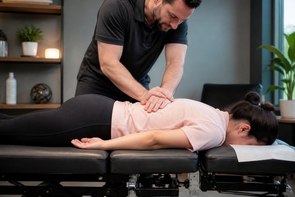 Chiropractor performing spinal adjustment on patient lying face-down on treatment table, provider's hands positioned on mid-back, modern clinical setting with soft lighting