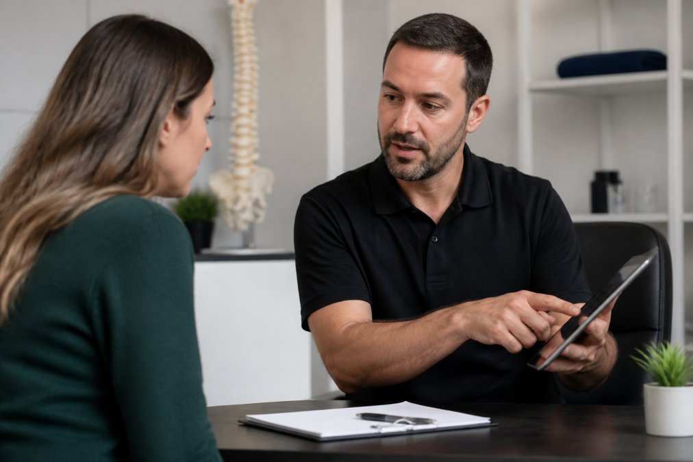 Patient consulting with healthcare provider at desk during initial consultation, provider showing treatment plan options on tablet while discussing care approach, professional clinic setting