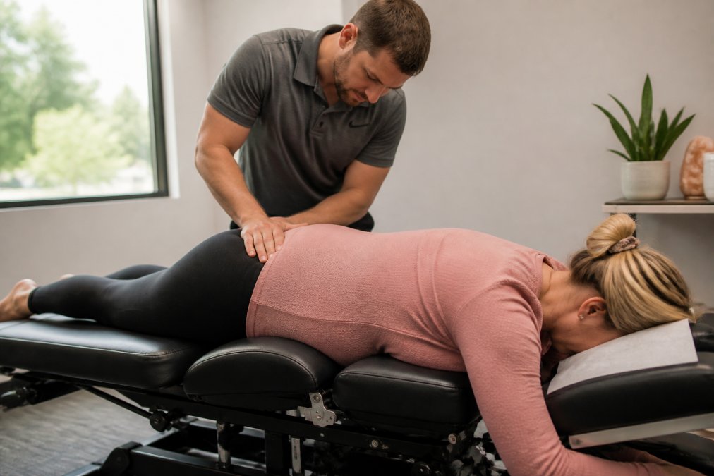 A pregnant woman lying comfortably on a specialized chiropractic table with a belly cutout, while a chiropractor performs a gentle sacral adjustment in a clean, softly lit clinical room with natural light coming through a window