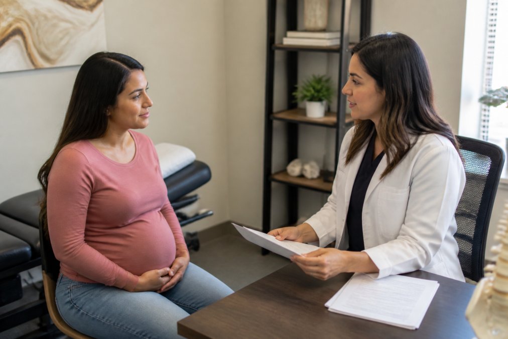 A visibly pregnant woman in a bright modern medical office, sitting across a desk from a female healthcare provider who is reviewing printed notes, both engaged in a focused conversation in warm clinic lighting