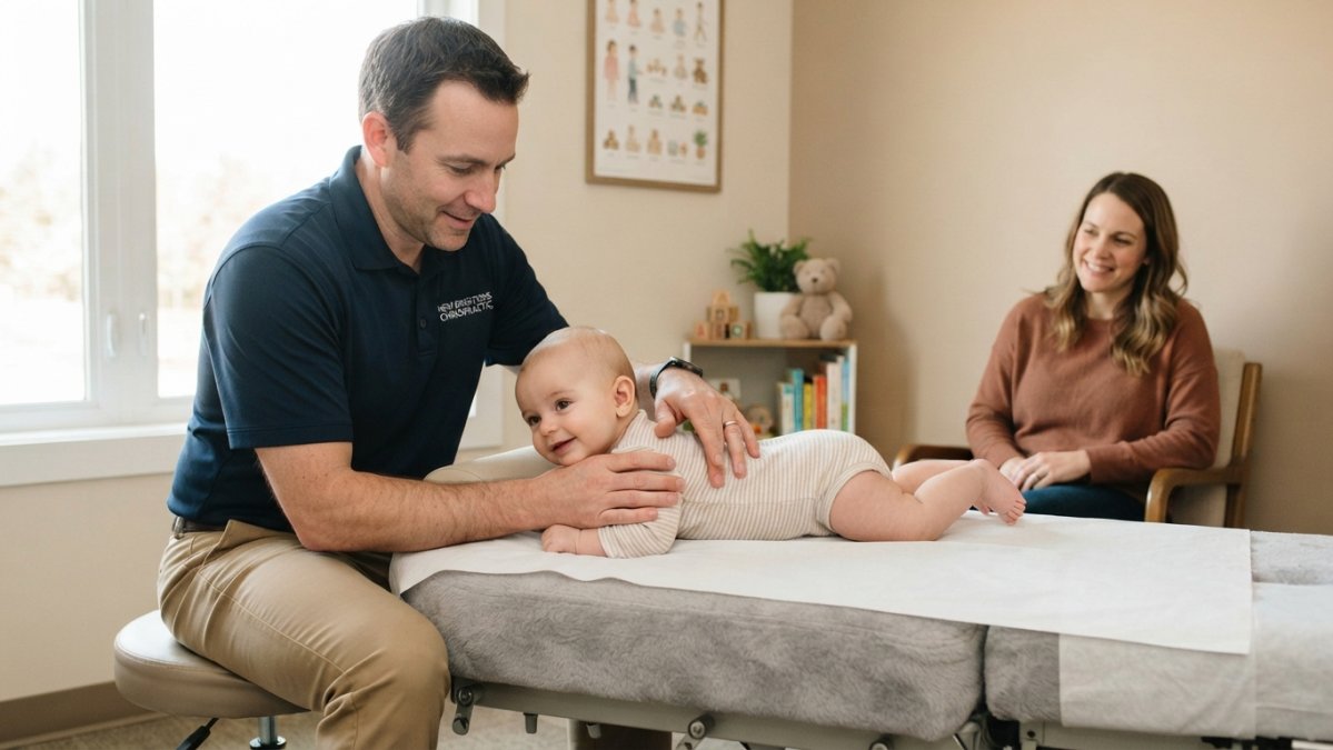 Infographic illustrating the gentle fingertip pressure used when assessing infant spines to see if is chiropractic safe for