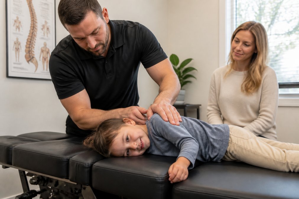 Licensed chiropractor performing a gentle, careful adjustment on a young child while the parent watches nearby in a calm, welcoming clinic setting with soft lighting