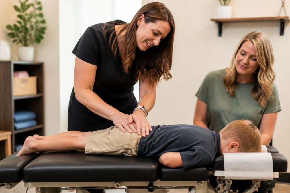 Pediatric chiropractor performing gentle spinal adjustment on young child while parent observes in bright, welcoming clinic setting