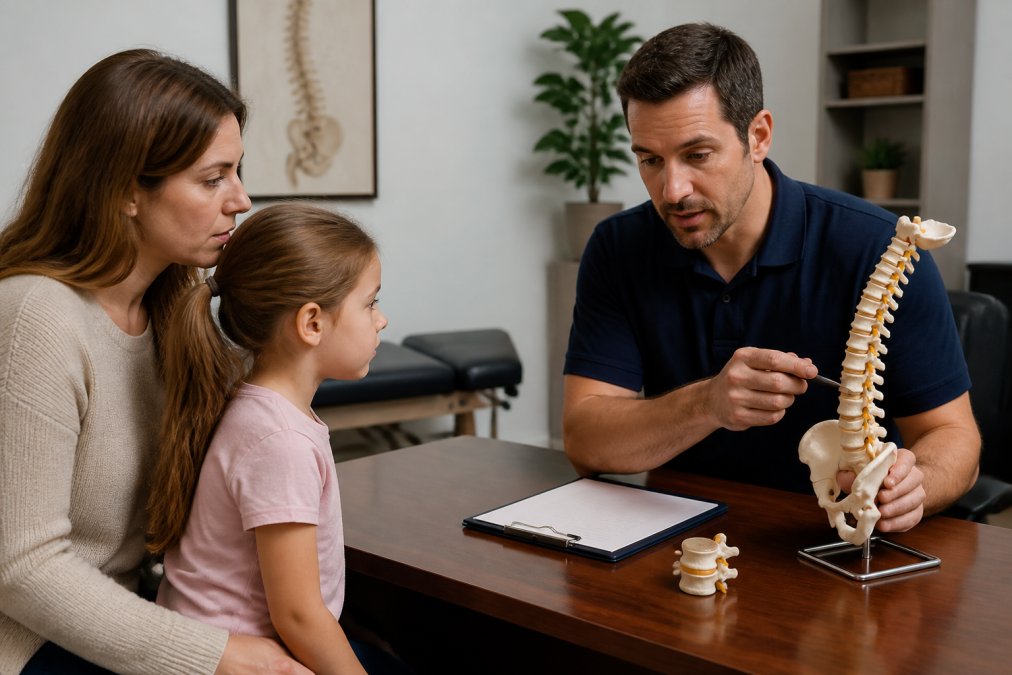 Parent consulting with a chiropractor during an initial evaluation, discussing a child's posture and spinal health with diagnostic notes and anatomical models visible on the desk