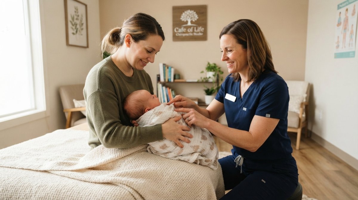 Chiropractor gently adjusting a newborn baby in a bright clinic to show if is chiropractic safe for newborns.