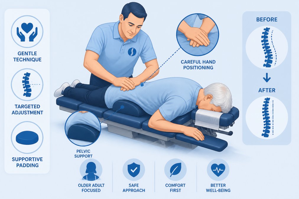 Licensed chiropractor performing a gentle spinal adjustment on an older adult patient lying face-down on a treatment table, demonstrating modified technique with careful hand positioning and supportive padding