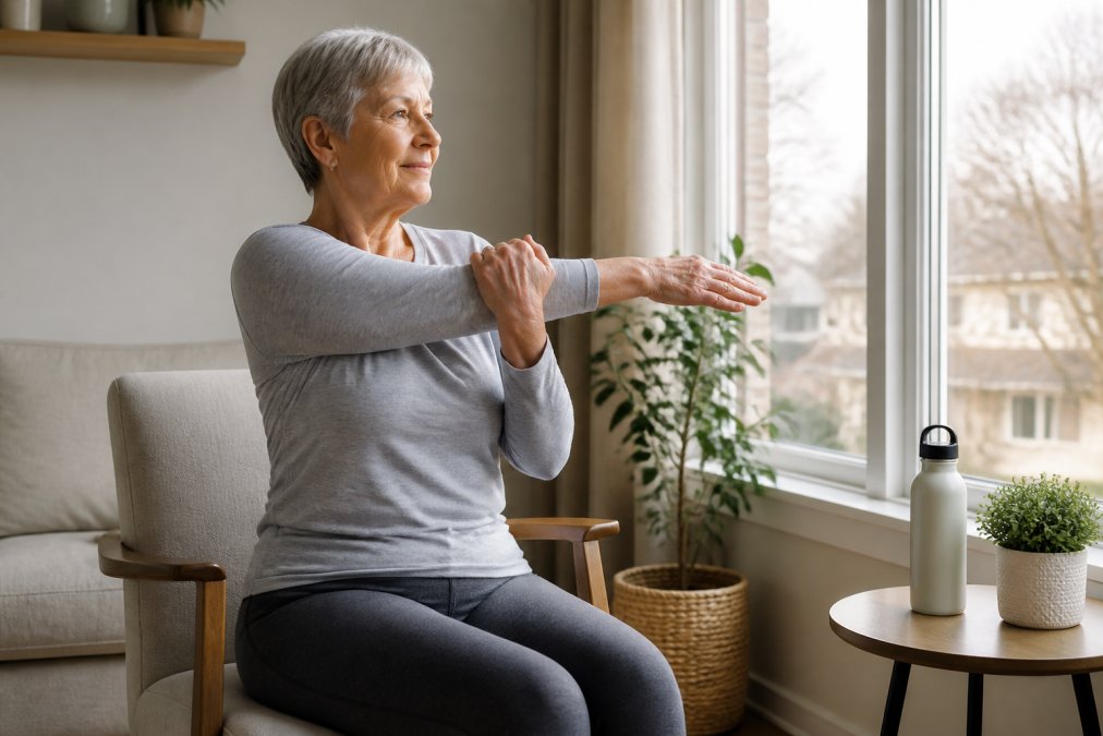 Older adult at home performing gentle stretching or mobility exercises, sitting comfortably with proper posture near a window with natural light, demonstrating post-adjustment recovery routine