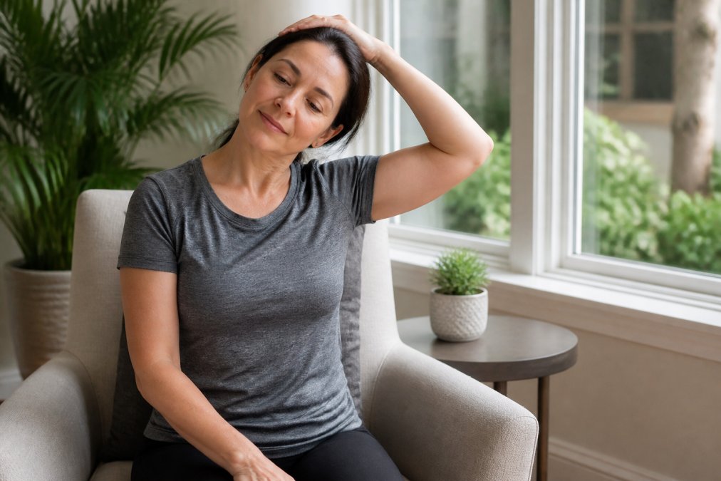 Middle-aged patient performing gentle neck stretch at home, sitting upright with excellent posture near bright window with natural lighting, relaxed facial expression