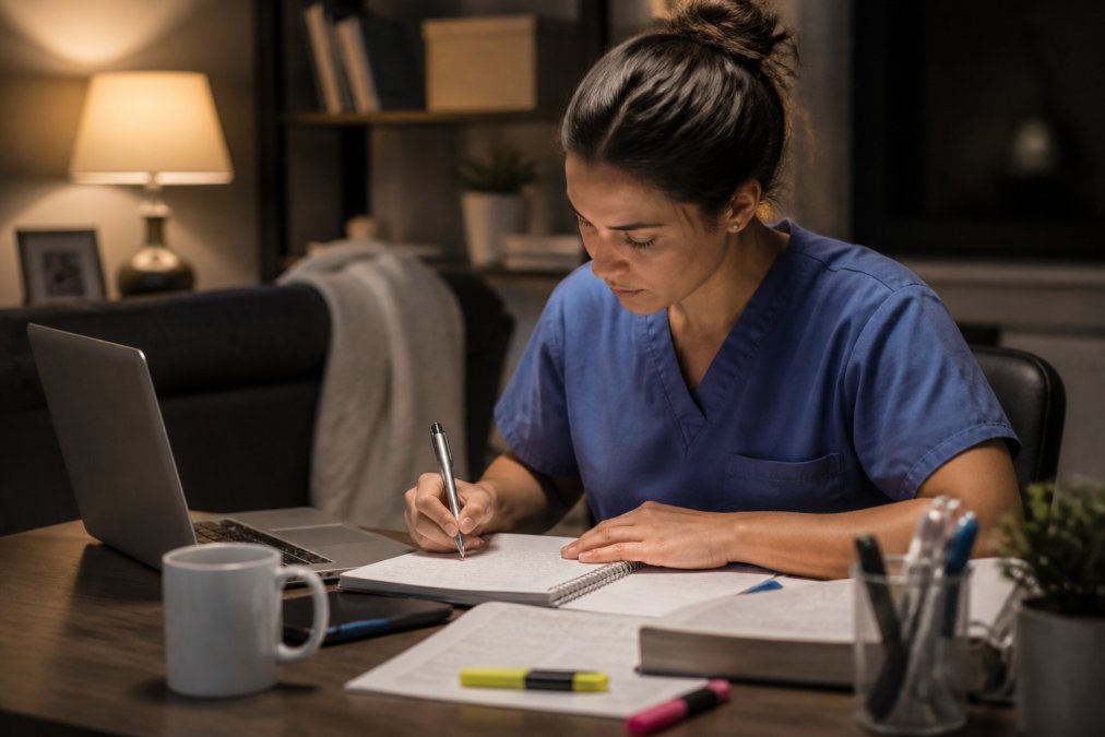 A healthcare professional in scrubs studying at home on a laptop with a notebook, highlighters, and a coffee mug on the desk, warm lamp lighting in the background suggesting an evening study session after a long shift