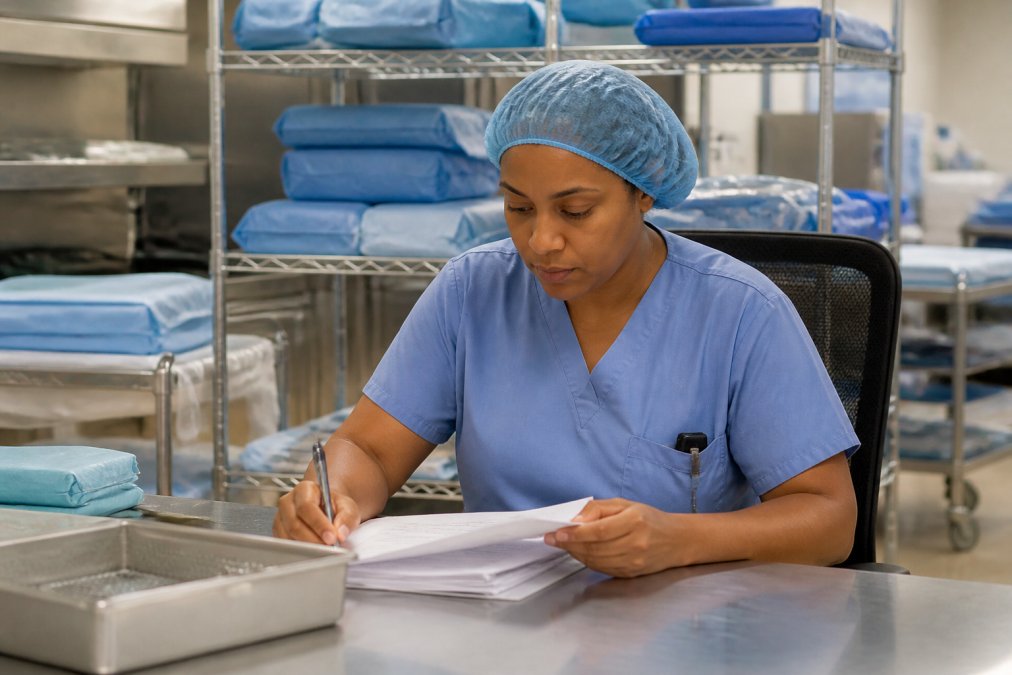 A sterile processing professional in scrubs reviewing documents at a desk in a hospital central sterile department, with shelves of neatly wrapped surgical instruments visible in the background under bright fluorescent lighting