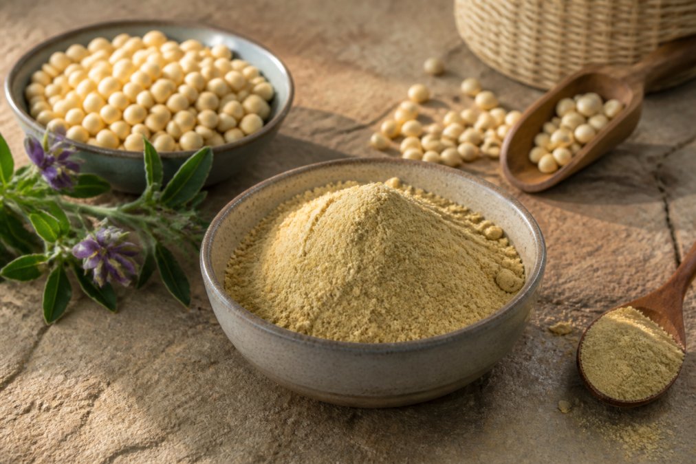 Close-up of pure chocho protein powder in a ceramic bowl with fresh Andean ingredients arranged nearby on a natural stone surface, warm morning light highlighting the fine texture and golden-tan color of the powder