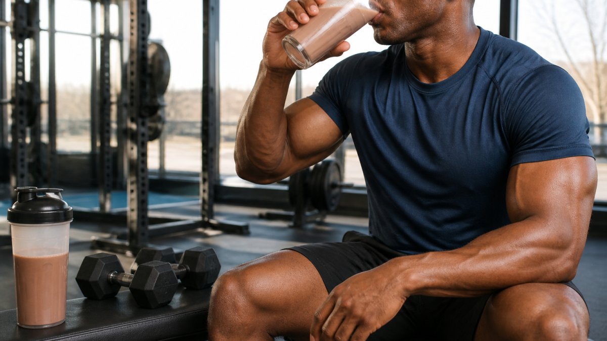 A muscular athlete in gym clothes drinking a glass of chocolate milk on a bench in a weight room, dumbbells and a shaker bottle visible nearby