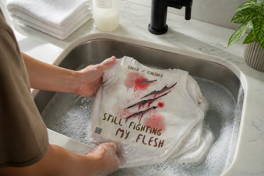Person gently washing a faith-inspired graphic tee in a sink with cool water, showing proper hand-washing technique with mild detergent, demonstrating careful care practices in natural lighting