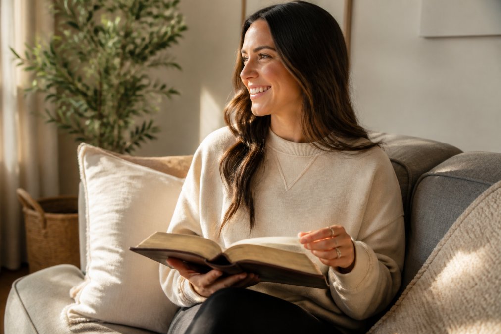 A woman smiling while reading her Bible in a cozy living room wearing a sand-colored God is Working christian apparel