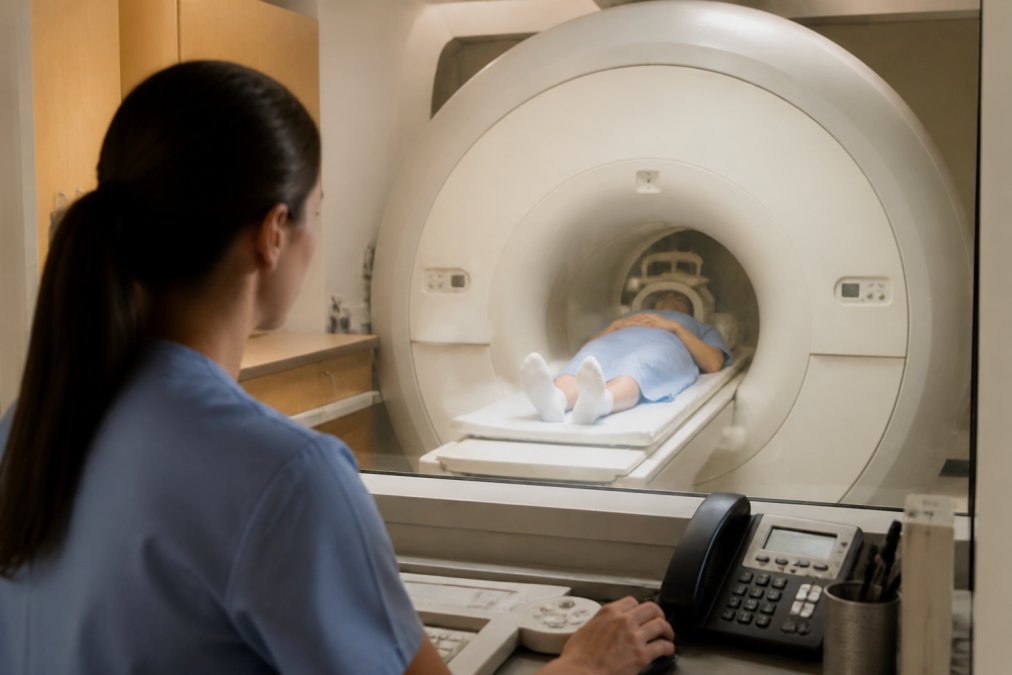 Patient sitting in an MRI machine with medical technician visible at control station, modern imaging facility with soft overhead lighting