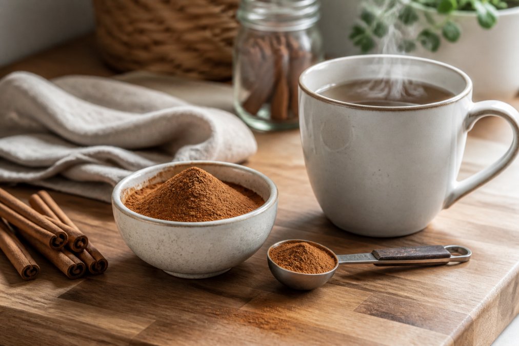 Ground cinnamon in a bowl with a measuring spoon and steaming tea as a natural cinnamon supplement alternative.