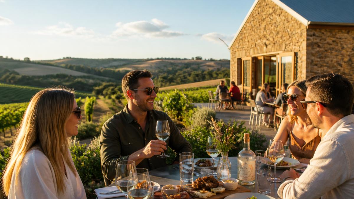 Visitors seated at outdoor tables overlooking rolling vineyards during golden hour, wine glasses and local food on the table, stone cellar door building in background