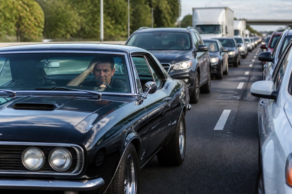 A classic 1960s muscle car sitting in bumper-to-bumper traffic on a modern highway, with a frustrated driver visible through the window, highlighting the contrast between vintage machinery and daily commuting conditions