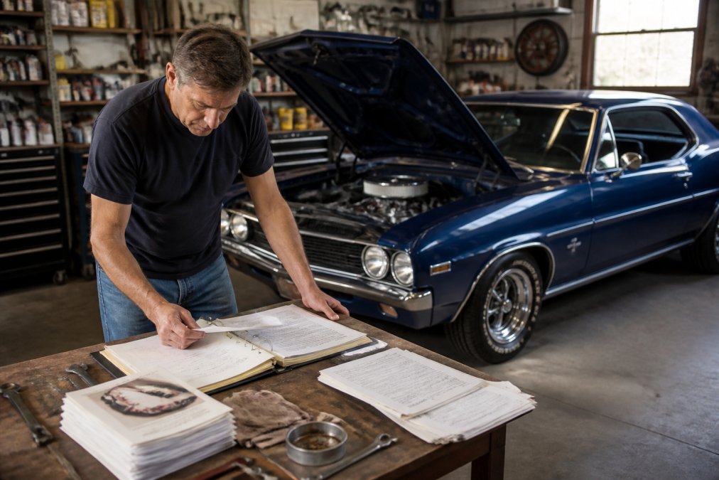 Owner inspecting a classic muscle car in a well-lit garage, examining the vehicle's condition and documentation, with maintenance records and appraisal paperwork visible on a workbench