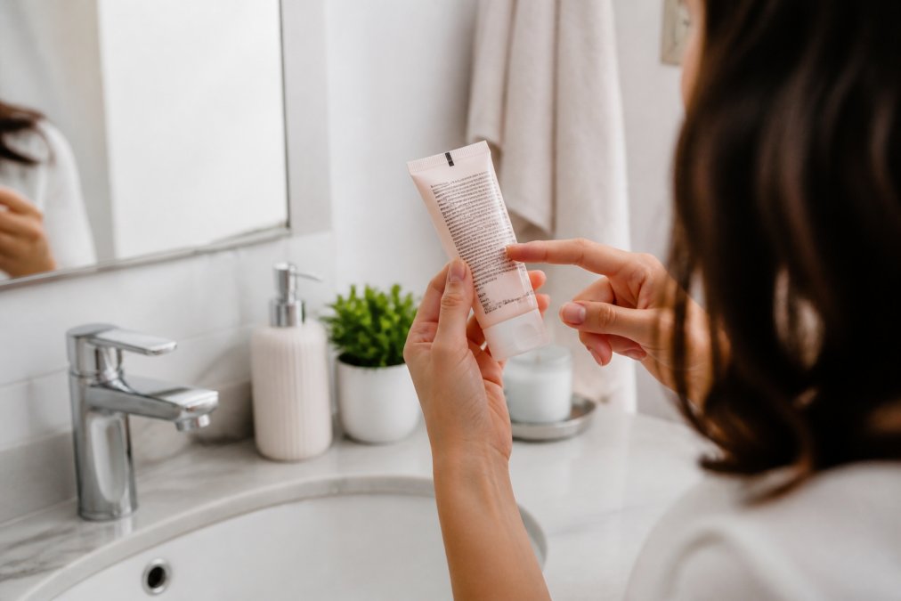 Close-up of a woman's hand holding a cosmetic product, with her other hand pointing to the ingredient list on the label, in a bright bathroom setting
