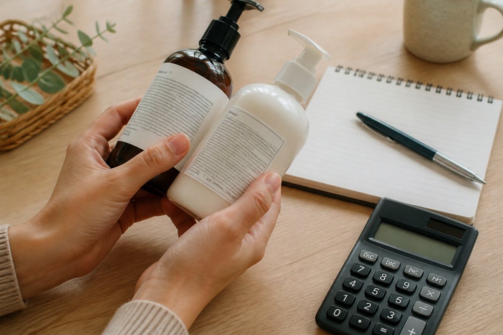 Close-up of hands holding clean beauty product bottles and reading ingredient labels, with a notebook and calculator nearby on a light wooden table
