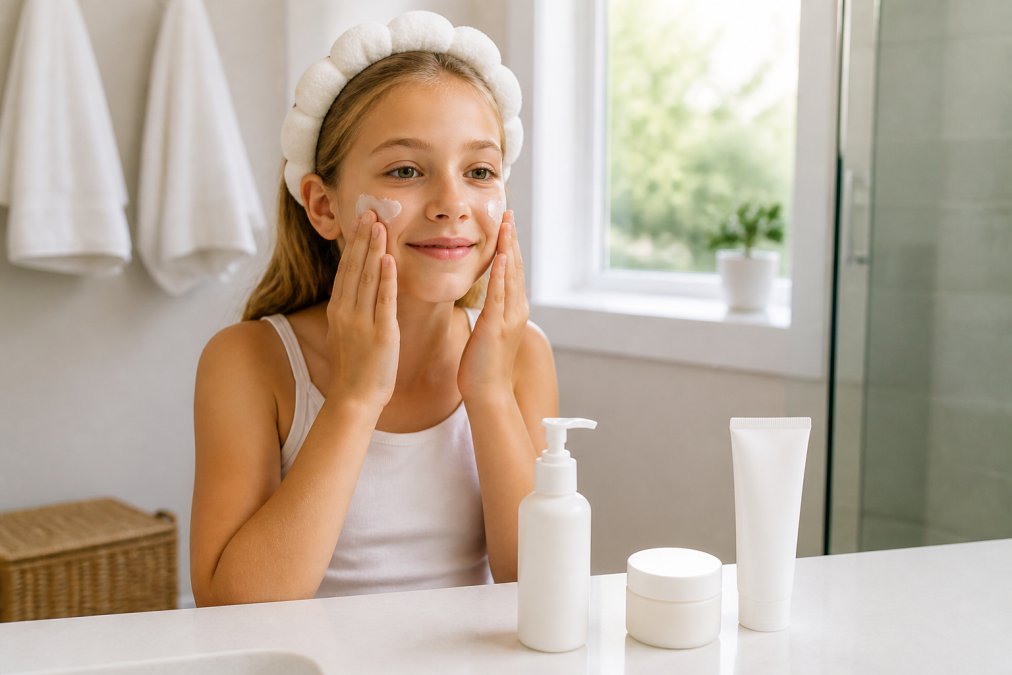 A tween girl applying moisturizer in a bright bathroom with a gentle cleanser and sunscreen on the counter.
