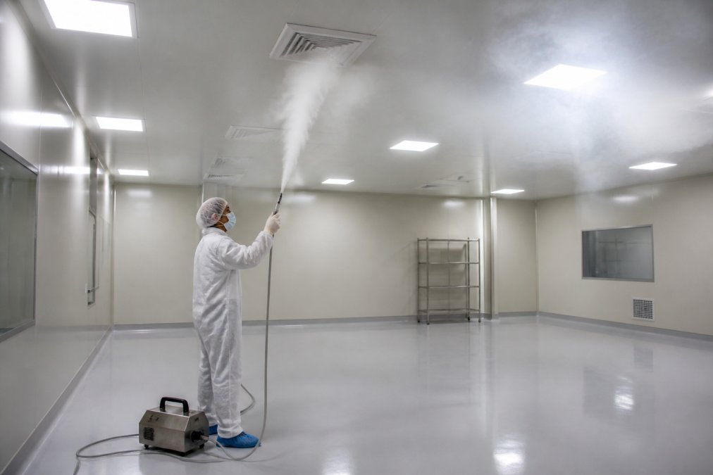 Technician in cleanroom gown conducting a smoke study using an aerosol generator, with visible white smoke patterns flowing upward through the space under bright overhead lighting