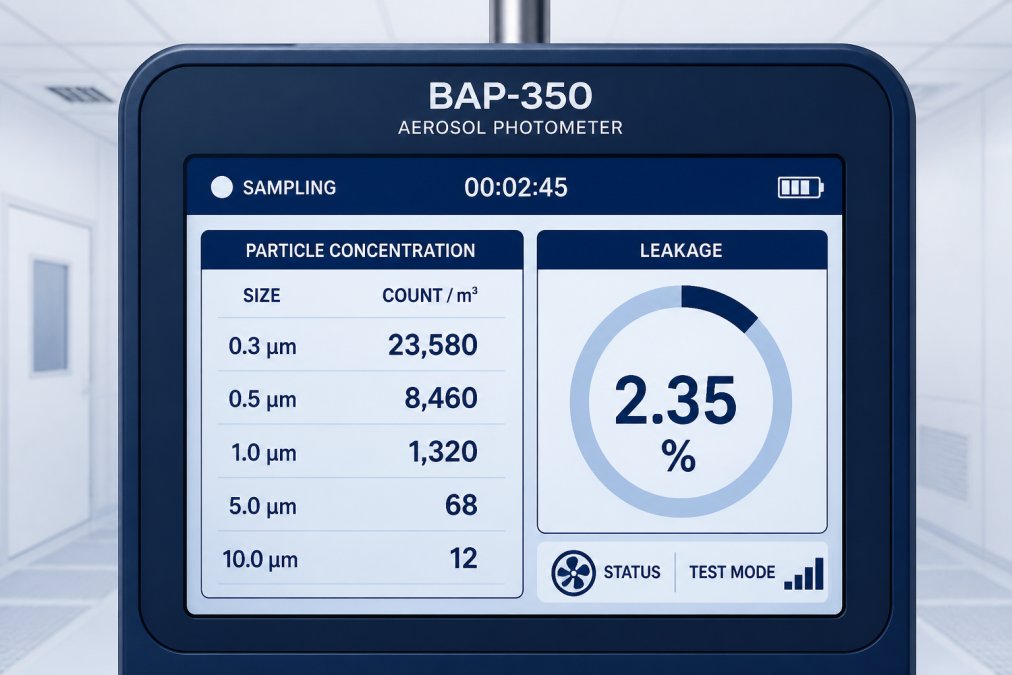 Close-up of the Aerosol Photometer BAP-350 display screen showing real-time particle concentration readings and leakage percentage during an active cleanroom validation test