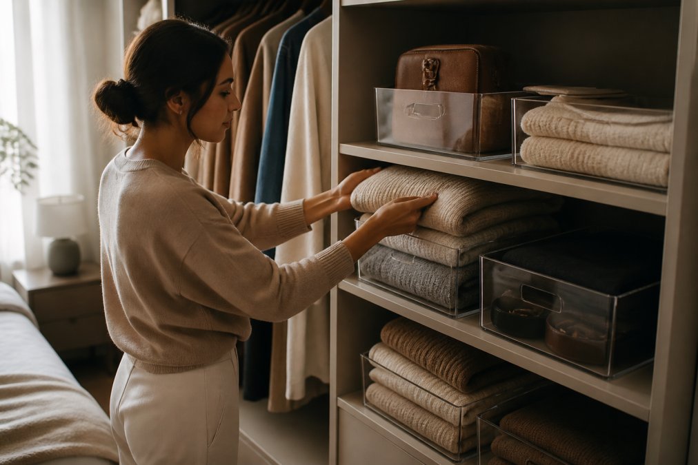 A woman in a calm, minimalist bedroom organizing a closet shelf with clear acrylic bins containing folded sweaters and accessories, soft natural light
